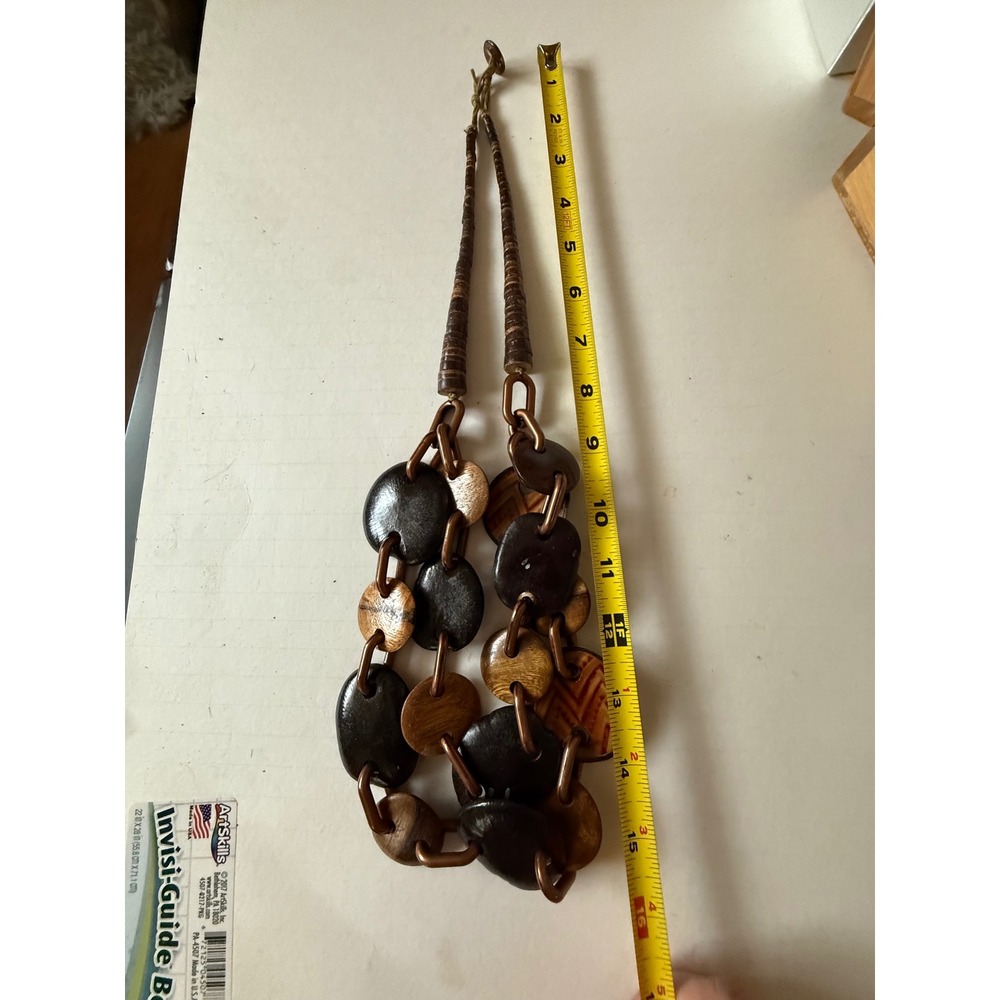 Chunky Wood Disc Statement Necklace Brown‎ Tan Boho Multi Strand Toggle Clasp